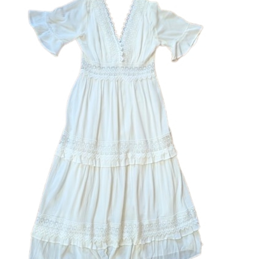Daphne Lo White Tiered Lace Maxi Dress Flutter Sleeves M Boho Fairy Romantic
